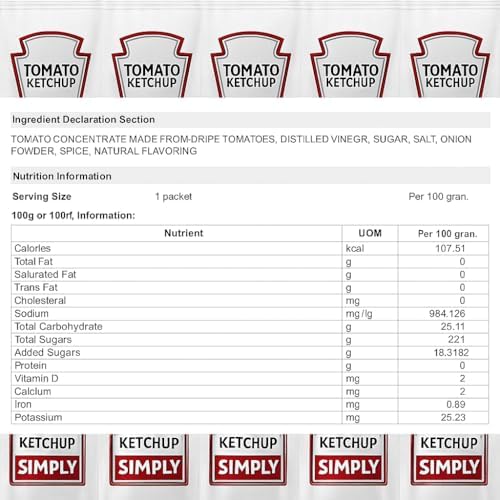 Tomato Ketchup Packets – 40 Count (9g Each) | Made from Red Ripe Tomatoes | No GMO, Gluten-Free, No Artificial Ingredients | Perfect for Fries, Burgers, Hot Dogs, Lunch Boxes & Takeout