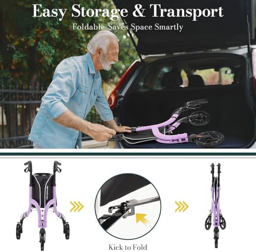 3 Wheel Walkers for Seniors, Lightweight Rollator Walkers Foldable for Elderly with Cane Hold and Cup Hold, Height Adjustable Aluminum Three Wheel Rolling Walker Mobility Aid, Purple