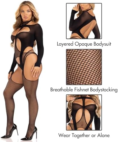 2 Pc Fishnet Halter Suspender Bodystocking and Layered Opaque Cut-out Teddy