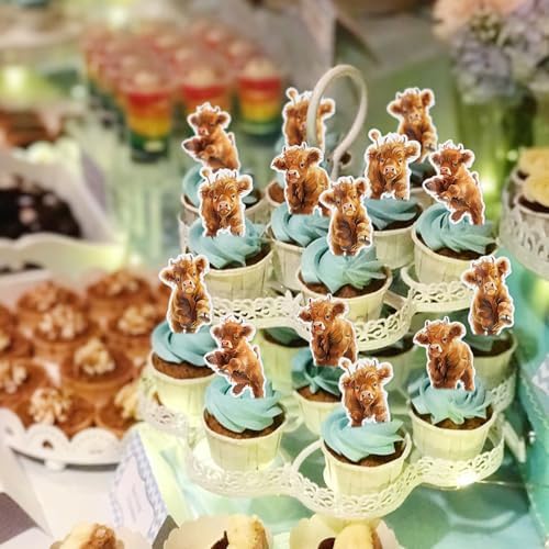 40Pcs Edible Highland Cow Cupcake Toppers Cute Highland Cow Baby Cupcake Picks for Cows Birthday Baby Shower Drink Topper Highland Cow Farm Birthday Cake Decorations