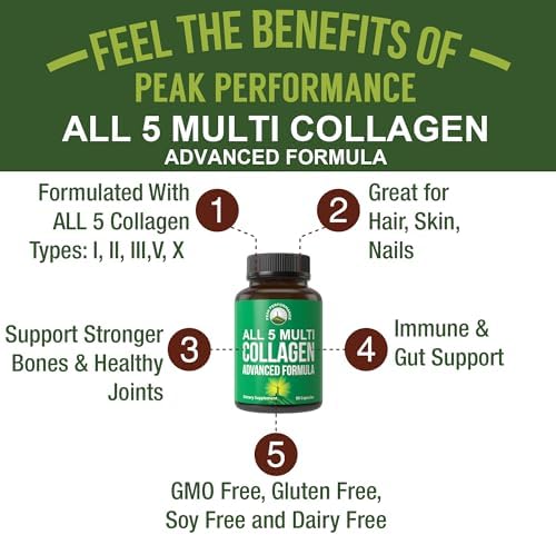 Peak Performance All 5 Multi-Collagen Capsules - 90 Pills of Grass Fed Peptides Protein - Supplement with All 5 Collagen Types I, II, III,V, X from Beef, Fish, Eggshell, and Chicken Bone Broth