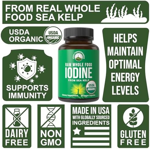 USDA Organic Raw Whole Food Iodine Supplement from Kelp (Ascophyllum Nodosum) - Potassium Iodide Tablets Alternative - for Thyroid, Energy, and Immune Support - 60 Vegan Capsules by Peak Performance