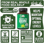 USDA Organic Raw Whole Food Iodine Supplement from Kelp (Ascophyllum Nodosum) - Potassium Iodide Tablets Alternative - for Thyroid, Energy, and Immune Support - 60 Vegan Capsules by Peak Performance