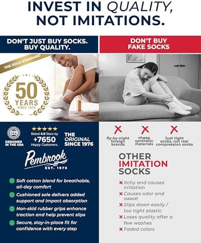 Pembrook Non Slip Crew Grip Socks Men & Women - 4 Pairs | Non Slip Socks for Elderly, Hospital, Pilates, Yoga, Barre, Home