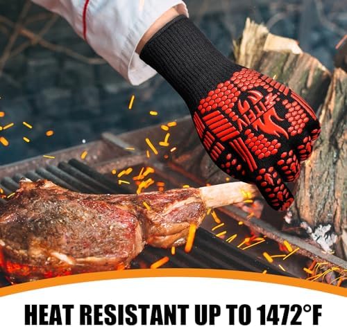 BBQ Gloves, Oven Gloves, 1472°F Extreme Heat Resistant Barbecue Gloves, Silicone Non-Slip Oven Mitts, Kitchen for Cooking, Grilling, and Baking (Red)