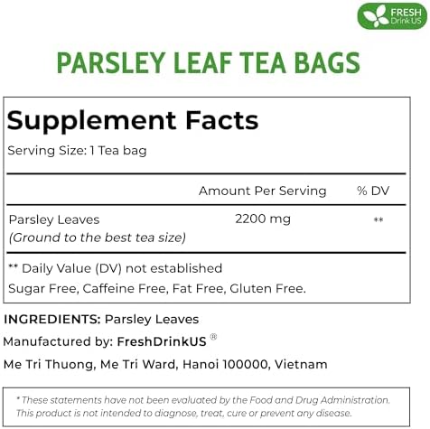 Premium 75 Parsley Leaf Tea Bags, 100% Natural & Pure from Parsley Leaves. Loose Leaf Parsley Herbal Tea. Parsley Leaf Tea. Made with Natural Material Tea Bags. No Sugar, No Caffeine, No Gluten, Vegan.