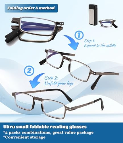 Hubeye Ultra Thin Folding Reading Glasses for Men 2 Pack Blue Light Blocking Compact Computer Foldable Readers With Case