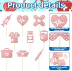 36 Pcs Rose Gold Glitter Medical Theme Cupcake Toppers, Single-Sided Doctor Nurse Party Picks with 9 Designs for Graduation, Hospital Birthday, Clinic Decorations, Cakes, Drinks, Dessert Table Decor