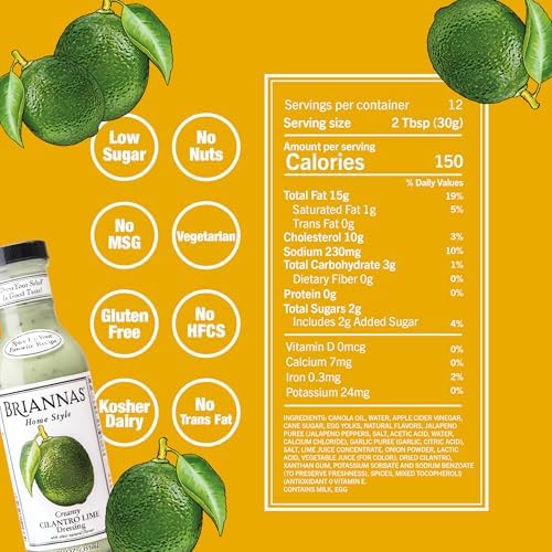 BRIANNAS - Home Style Creamy Cilantro Lime Dressing – Fine Salad Dressing made with Premium Ingredients - Gluten Free, Kosher, & Low Sugar - 12 oz. Bottle