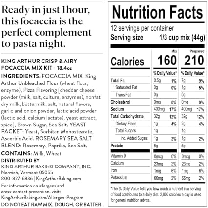 King Arthur Baking Company Crisp & Airy Focaccia Mix Kit 18.4 oz.,Baking Mix - Ready in 1 hour,(Pack of 2)