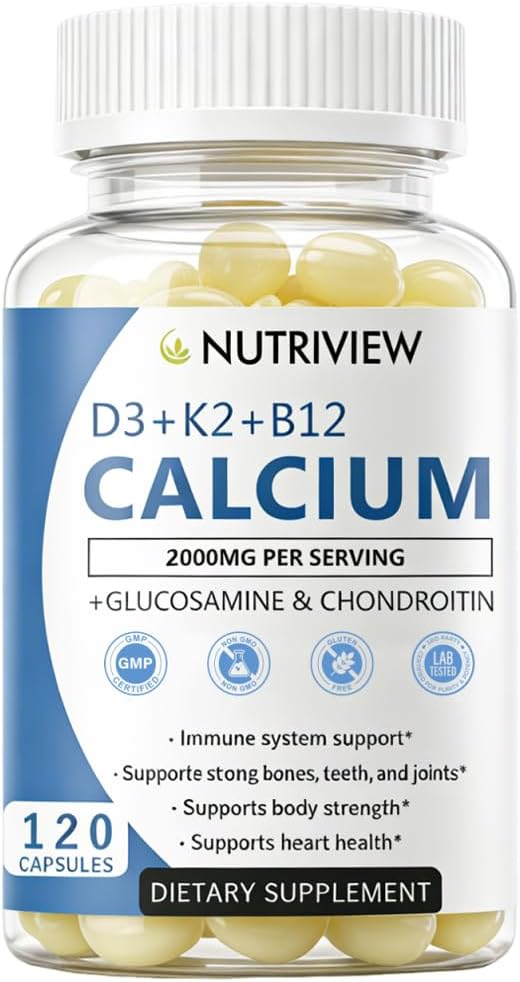 NutriView Calcium 2000mg with D3 & K2 - High Absorption Bone Health Supplement for Women, Non-GMO, 120 Softgels
