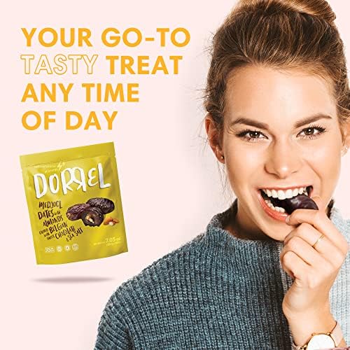 DORREL - Belgian Dark Chocolate Covered Dates (Medjool) with Salted Almonds Stuffing, High Energy Vegan Choco Snack, Delicious, Kosher & Non-GMO, Pack of 1 Stuffed Chocolate Dates, 7.05 oz / 200 g Ea