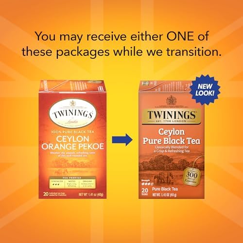 Twinings Ceylon Pure Black Tea - A Crisp, Refreshing, Formerly Orange Pekoe, Caffeinated Tea Bags, Individually Wrapped, 20 Count (Pack of 2)