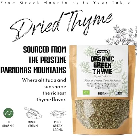 Apsogo Organic Greek Thyme – Premium Dried Thyme Leaves from Greece (7.05 oz) Aromatic for Cooking, Tea & Seasoning, Resealable Eco Pouch
