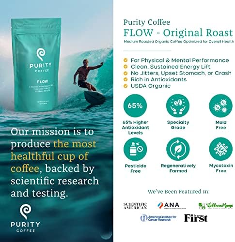 Purity Coffee FLOW Original Medium Roast Whole Bean (12oz Bag) | Specialty-Grade USDA Organic Arabica Blend | Third Party Tested for Mold, Mycotoxins & Pesticides