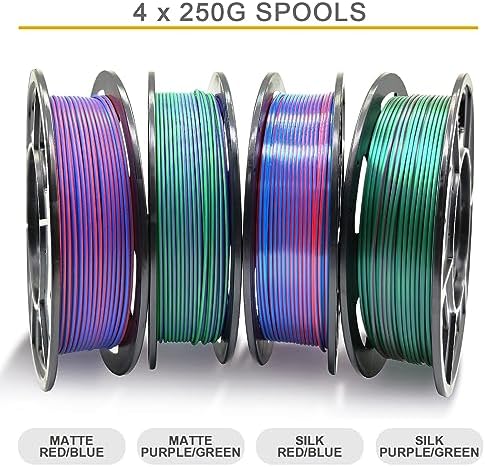 Reprapper 4X 250g Color Pack, Dual Color Filament Coextrusion PLA Filament 1.75mm for 3D Printer, 4 x 250g Spools Matte Red/Blue, Matte Purple/Green, Silk Red/Blue, Silk Purple/Green
