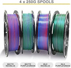 Reprapper 4X 250g Color Pack, Dual Color Filament Coextrusion PLA Filament 1.75mm for 3D Printer, 4 x 250g Spools Matte Red/Blue, Matte Purple/Green, Silk Red/Blue, Silk Purple/Green