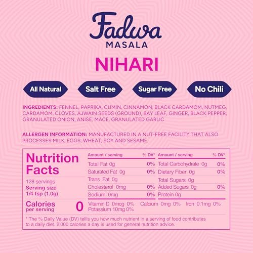 Fadwa Masala Nihari Spice Mix - 4.5 oz Jar, Salt & Sugar Free, Non-Spicy Authentic Desi Spices for Pakistani & Indian Cooking, Curry, Garam Masala - No Artificial Ingredients - Gluten Free