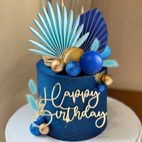 38 PCS Balls Cake Toppers Palm Leaves Cake Decorations for Birthday Wedding Baby Shower Party Supplies (Blue)