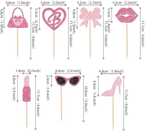 24 PCS Princess Cupcake Toppers Glitter Pink Girl Cupcake Picks Handbag Glasses Bow Lipstick Tie High Heel Cake Decorations for Wedding Bridal Shower Baby Shower Birthday Party Supplies