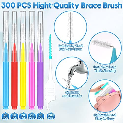 300 Pcs Interdental Brushes for Braces, 6 Size Soft and Bendable Braces Brush for Cleaning, Toothpick Dental Tooth Flossing Head Oral Dental Hygiene Flosser Teeth Gum Braces Tooth Cleaning Tool