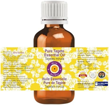 dève herbes Tagete Essential Oil (Tagetes minuta) Pure | Non-Sticky | Non-Greasy | Lightweight | Men & Women | All Skin Types | Steam Distilled 15ml (0.5 oz)