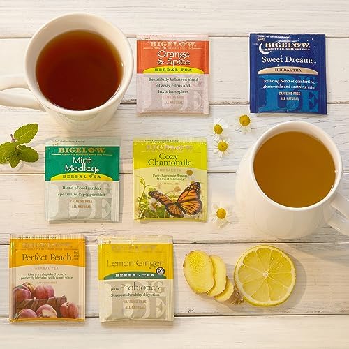 Bigelow Tea Caffeine Free 6 Flavor Herbal Tea Variety Pack, Decaf Tea with Mint Medley, Cozy Chamomile, Orange and Spice, Sweet Dreams, Perfect Peach, and Lemon Ginger, (Pack of 6), 118 Total Tea Bags