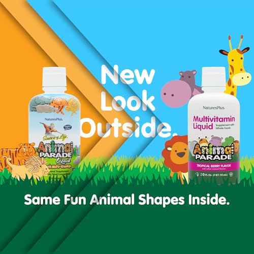 NaturesPlus Animal Parade Source of Life Children's Liquid Multivitamin - Tropical Berry Flavor - 30 fl oz - Whole Food Supplement - Vegetarian, Gluten-Free - 60 Servings