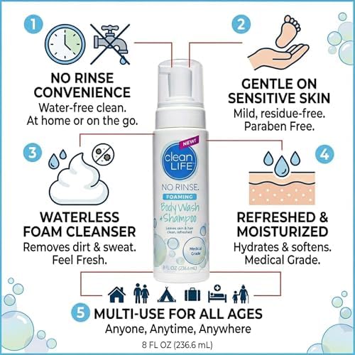 No-Rinse Foaming Body Wash - Waterless Foam Cleanser for Elderly, Adults, Kids, Infants & Caregiver - Rinse-Free for Sensitive Skin - Travel Size - Refreshed & Moisturized Skin - 8 fl oz (Pack of 1)
