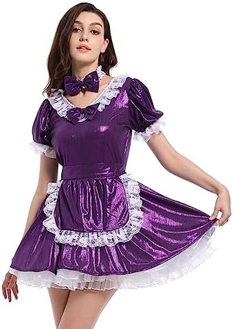 JOLINE Sweet Maid Shiny Metallic Satin Costume Dress Sissy Crossdressing Uniform Lace Ruffle Outfit