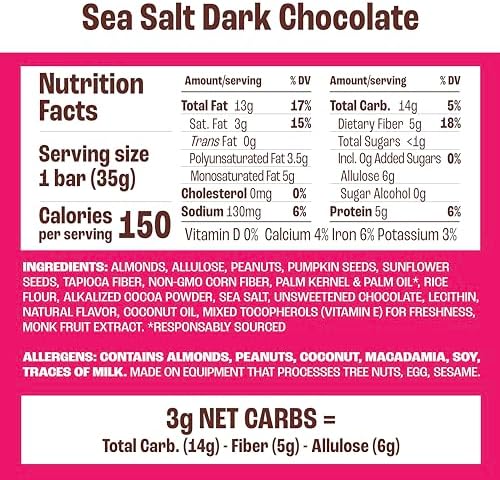Munk Pack Fiber Nut Bars, Sea Salt Dark Chocolate, Prebiotic Probiotic GLP-1 Snack, 5g Fiber, Gut Friendly Allulose, Plant Protein, Gluten Free, Keto, No Sugar Alcohol, 3g Net Carb, 24 Count