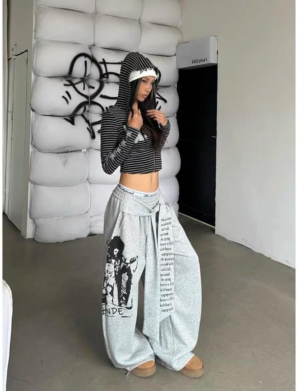 Trendy Sweatpants Women Oversized Graphic Print Grunge Pants Elastic Waist Cinched Bottom Streetwear Goth Sweatpants