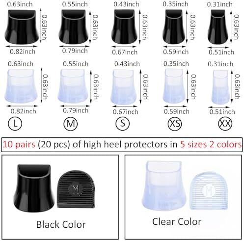 10 Pairs Heel Stoppers - U Cap,5 Sizes High Heel Replacement Protectors, Non-slip Anti-Noise Heel Caps Heel Stoppers, Silicone Heel Repair Covers for Women’s Shoes(Black+Clear)