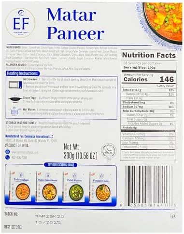 Eastern Feast - Matar Paneer, Ready to Eat Vegetarian Meals, (Pack of 4), Gluten Free