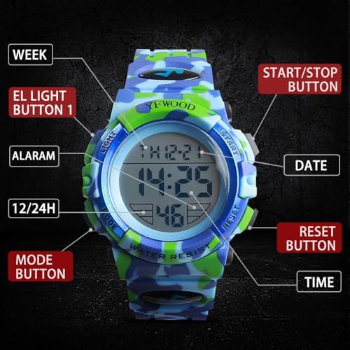 YFWOOD Kids Digital Watch Waterproof Outdoor Watches Children Casual Electronic Analog Quartz Wrist Watches with Silicone Band Luminous Alarm Stopwatch for Boys