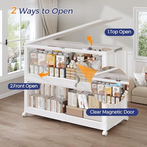 160GAL Plastic Storage Bins with Lid, 640QT Extra Large Stackable Closet Organizers and Storage, Collapsible Storage Boxes with Wheels, Folding Cabinet for Home Kitchen Office, 4Pack White