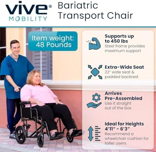 Vive Mobility Bariatric Transport Wheelchair for Adults - Supports 450lbs - Foldable, Heavy Duty Travel Wheel Chair - Portable, Transfer Aid with Swing Away Footrests & 22 Inch Wide Seat
