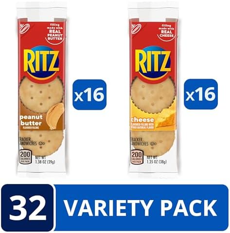 RITZ Peanut Butter and Cheese Sandwich Crackers Variety Pack, Lunch Snacks, 32 Snack Packs (6 Crackers Per Pack)