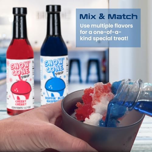 Concession Express® Snow Cone Syrup Fun Flavors Pack (5 Flavors, 12.7 oz Each) – Blue Raspberry, Cherry, Cotton Candy, Grape & Tiger’s Blood – Snow Cone & Shaved Ice Syrups perfect for Home, Concessions, & Parties