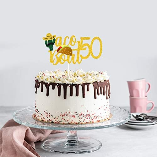 Taco Bout 50 Birthday Cake Topper - Fiesta 50th Birthday Party Glitter Taco Cactus Cake Supplies - Fabulous Fifty - Mexican Summer Fiesta Party Decoration