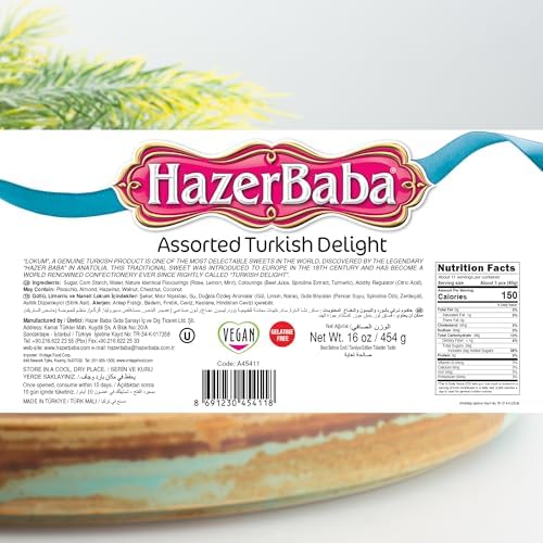 Hazer Baba Turkish Delight Candy, Assorted Rose & Lemon & Mint Flavors, 16 oz (Pack of 1), Gourmet Snack Box, Traditional, Vegan Snack, Lokum, Sweets, Loukumi, Delicias Turcas, Halal, Kosher