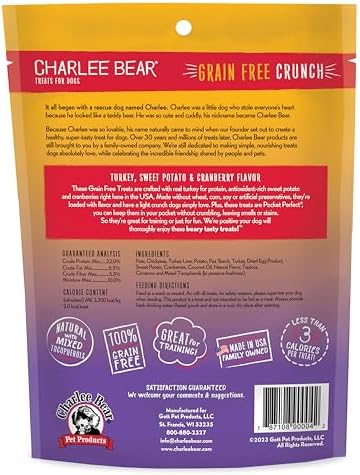 Charlee Bear Crunch Grain Free Dog Treats, Turkey, Sweet Potato and Apple, 8 Ounce Resealable Bag, Low Calorie Training Treats for Dogs, Limited Ingredient, Healthy, Crunchy Dog Snacks, Made in USA