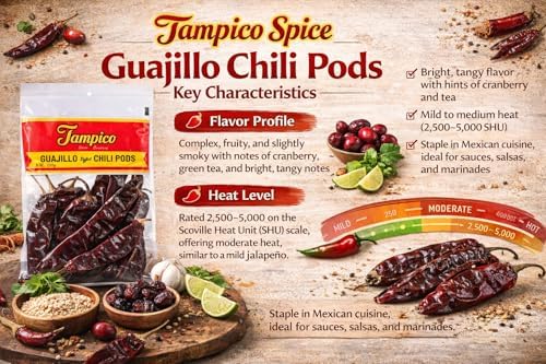 Guajillo Chili Pods Whole 8 oz – Tampico Spice Company - Dried Mexican Chili Peppers – Mild Heat, Rich Flavor for Authentic Mexican Cooking, Sauces & Salsas – Non-GMO, Gluten-Free, Kosher Certified Third Party Tested for Mycotoxins & Bacteria