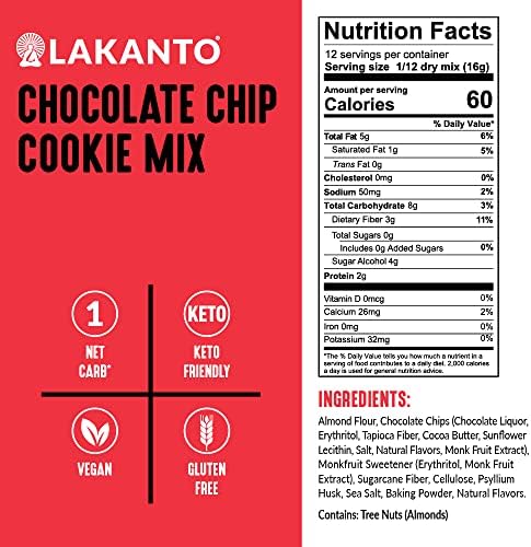Lakanto Sugar Free Chocolate Chip Cookie Mix - Sweetened with Monk Fruit Sweetener, Gluten Free, Keto Diet Friendly, Vegan, 2g Net Carb, Almond Flour, Sea Salt (12 Cookies)