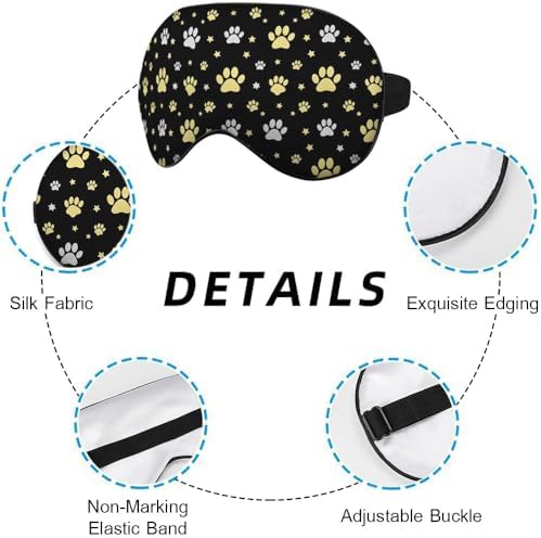 Dog Paw Sleep Eye Mask Eye Cover Gold Animal Paw Print Star Black Silk Eye Mask for Sleeping with Adjustable Strap for Travel Nap Shift Work Office