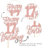 1 PCS Happy 17th Birthday Cake Topper Glitter Cheers to 17 Years Birthday Cake Pick Seventeen Hello 17 Cake Decoration for Happy 17th Birthday Anniversary Theme Party Decorations Rose Gold
