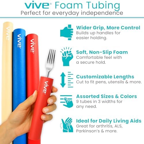 Vive Foam Tubing (9 Pack) - Utensil Padding Grips - Spoon, Fork Round Hollow Medical Closed Cell Tube - Cut to Length - Provides Wider, Larger Grip Pipe Tool for Dexterity, Disabled, Elderly