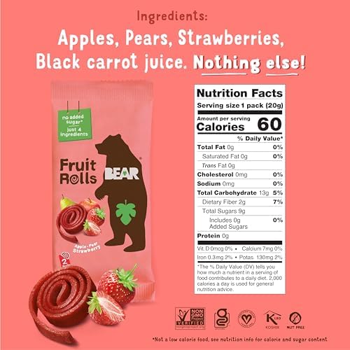 BEAR Real Fruit Snack Rolls - Gluten Free, Vegan, and Non-GMO - Strawberry – 36 Rolls, Healthy School And Lunch Snacks For Kids And Adults, 0.7 Ounce (Pack of 18)
