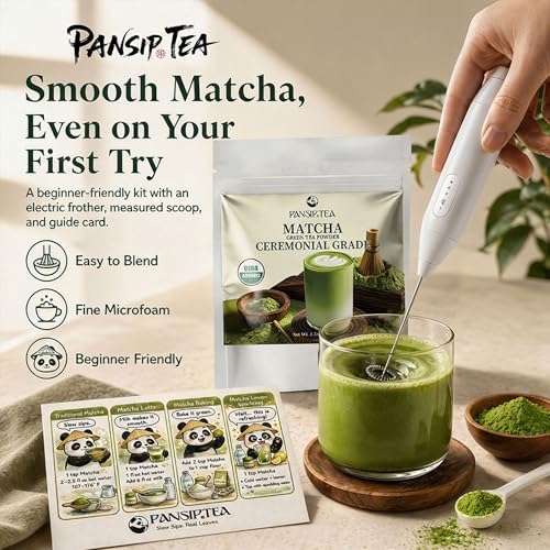 Ceremonial Grade Matcha Powder 100g/3.5oz Set, PANSIPTEA Organic Matcha Green Tea Powder Starter Kit with Frother, Smooth Matcha Powder for Matcha Latte Baking, Unsweetened Pure Matcha
