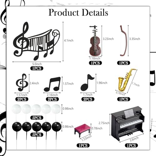 Knana 22Pcs Music Cake Toppers Piano Violin Cake Decorations Musical Notes Decorations for Party Supplies